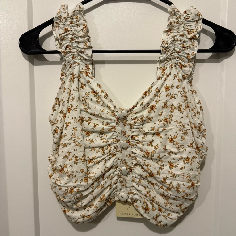Dress Forum Floral Ruched Cream and Brown Tank Top